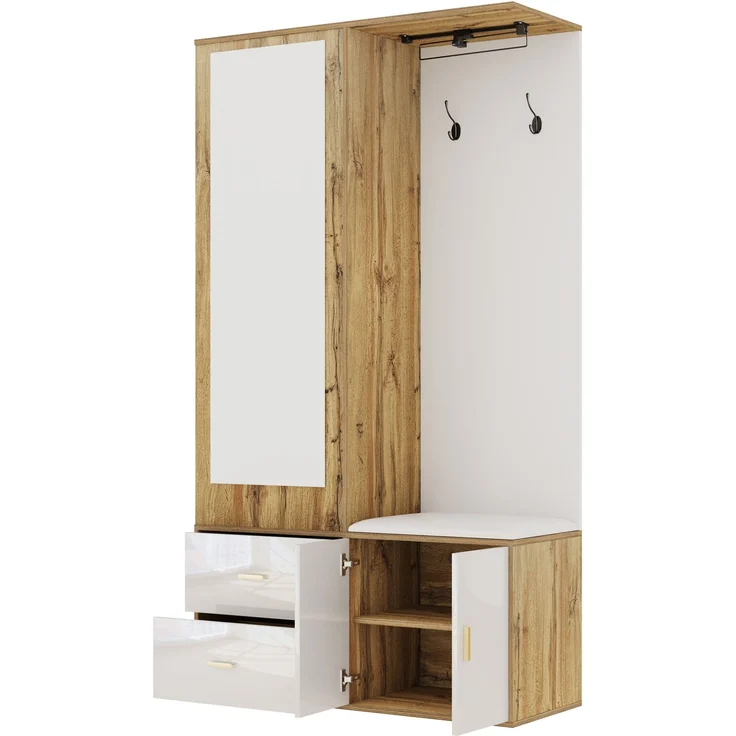 Merax Edles Garderobenset in Weiß- und Holzfarben mit Spiegel, Schuhschrank, Schuhbank mit Haken und ausziehbarer Kleiderstange – Bild 8