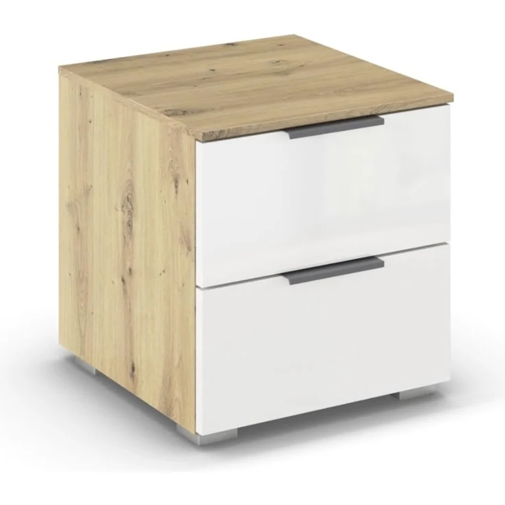 Rauch Möbel Alabama, Nachttisch für Schlafzimmer, Kinderzimmer, Gästezimmer, mit 2 Schubladen, Soft-Close-Funktion, Farbe Hochglanz Weiß/Eiche Artisan, Holz, Griff Grau metallic, Maße 40 x 42 x 42 cm