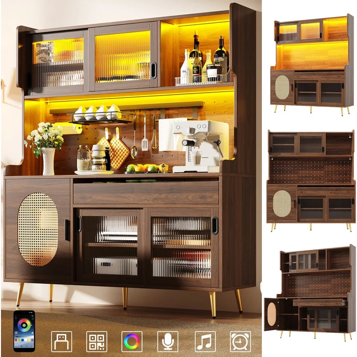 Seitenboard / Aufbewahrungsschrank / Küchenschrank / Buffetschrank, 145x39x171cm, Landhausstil, 5 Türen, mit LED-Lichtleiste & Ordnungslockplatte, Fluted Glas Türen, Braun/Schwarz--Braun--145x39x171cm--YOUDENOVA – Bild 2