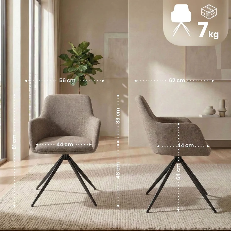 CLP 2er Set Esszimmerstuhl Olema Stoff 180° schwenkbar mit Rückenlehne gepolstert,taupe – Bild 2