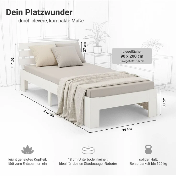 Einzelbett Holzbett 90x200 mit Lattenrost Weiß Kiefer Bett Bettgestell Massivholz – Bild 3