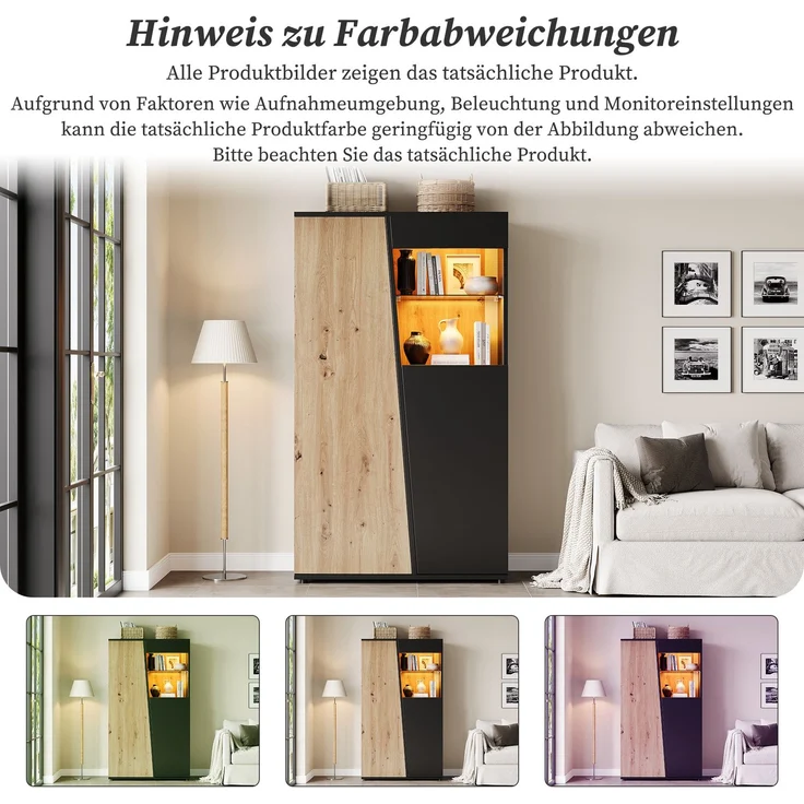 Vitrinenschrank mit LED, Design-Holztür, Glastrennwand Vitrine Schrank,Mehrere Staufächer, Hochschrank Sammlervitrine für Wohnzimmer, Büro, Flur, Schwarz & Holzfarbe,80x35x139.5cm--Schwarz + Natur--80x35x139.5cm--YOUDENOVA – Bild 8