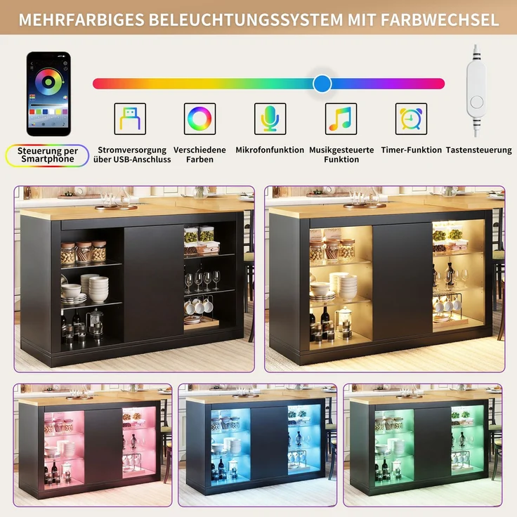 Merax Ausziehbarer Kücheninsel-Esstisch mit App-steuerbarer RGB-LED, 120-197cm, 360° drehbar, mit magnetischen Türen & Glas-Einlegeböden, Schwarz, belastbar bis 60kg – Bild 7