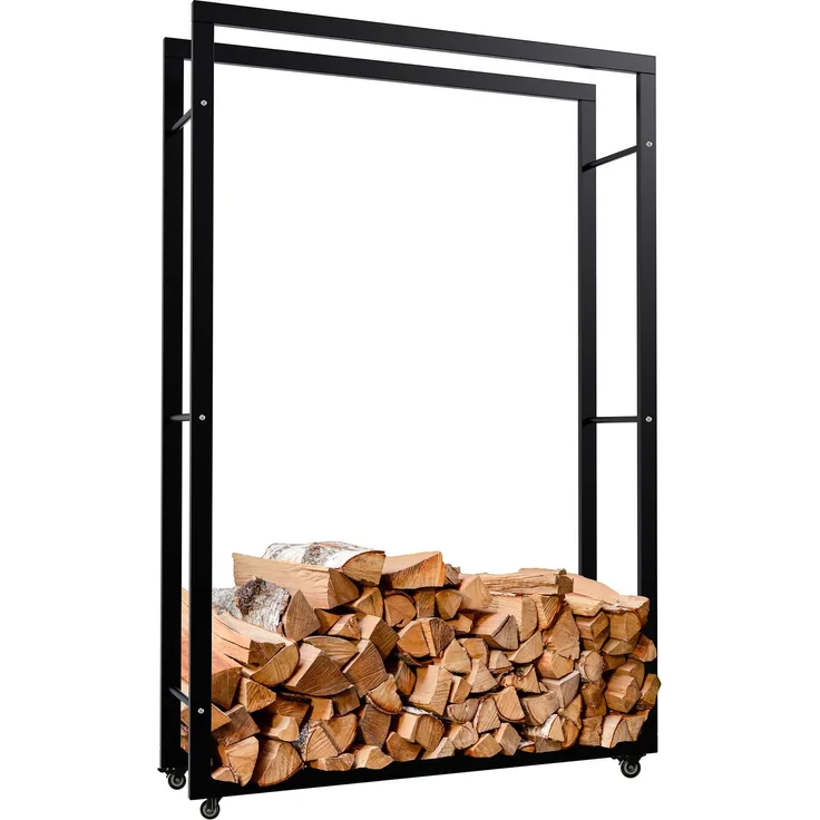 DELUKE® Kaminholzregal innen Metall SATLO - mit Rollen Brennholzregal innen Kaminholzständer Kaminholzhalter Feuerholzregal Innen Schwarz, 25x100x150cm