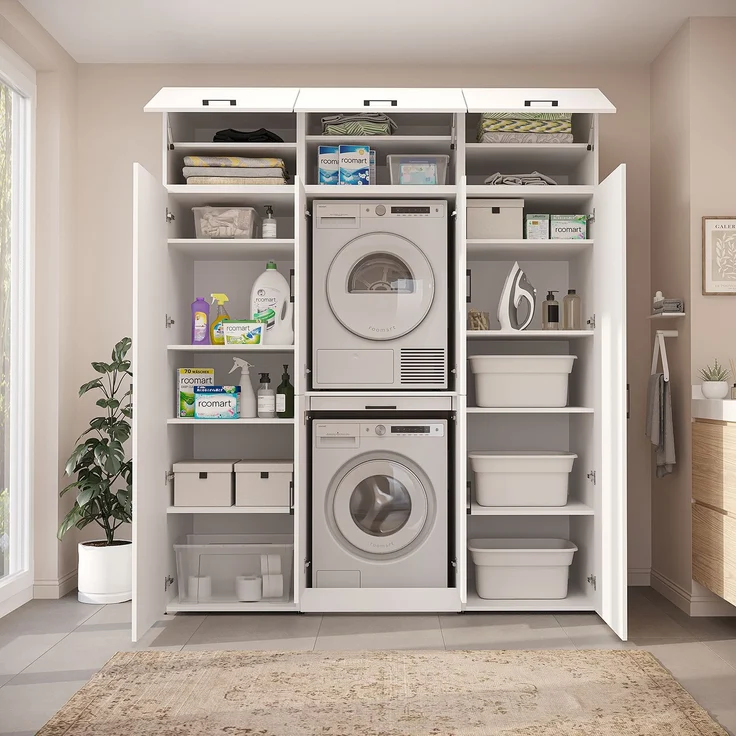 Roomart Waschmaschinenschrank - DORA-I- 190 cm breit - Wasch- & Trocknerschrank mit 2 Hochschränken, Türen & Ausziehbrett, Waschmaschinen-Überbau für Waschküche & Hauswirtschaftsraum • Weiß – Bild 6