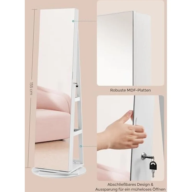 Songmics Schmuckschrank mit rahmenlosem Ganzkörperspiegel, 360° drehbar, abschließbar, Oberfläche weiß | Innenfutter grau, 162 x 54,5 x 54,5 cm – Bild 7