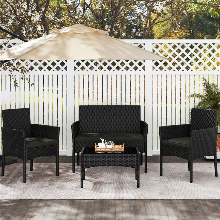 Yaheetech Balkonset Gartenmöbel-Set, 4-er Set Rattanmöbel Gartenlounge-Set für 4 Personen, Rattan Schwarz – Bild 2