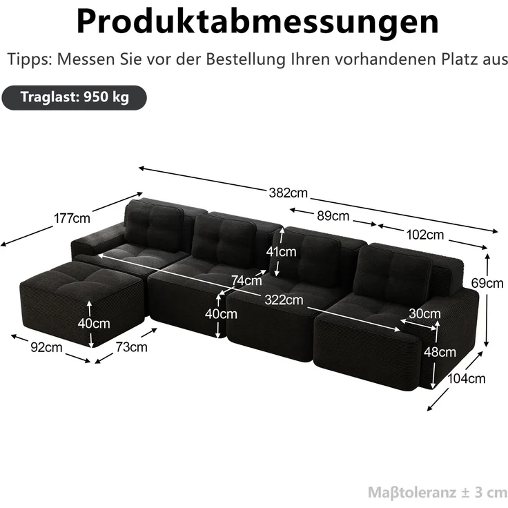 EINHOM Boneless Sofas für Wohnzimmer, Modulares Sofa mit L-förmiger Chaiselongue, 4-Sitzer Bequem Polstertes Tiefsitz Corduroy-Cloud-Sofa, Montagefreies Sofa, Rutschfestes Design, Schwarz – Bild 2