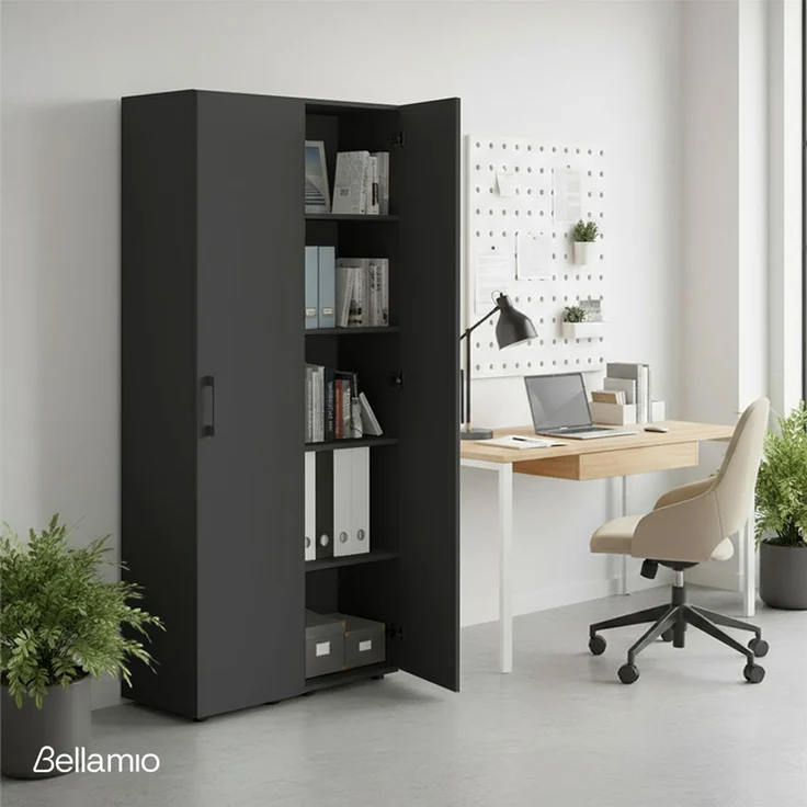 Bellamio 'Apol' Mehrzweckschrank schmal, schwarz, 176x33x40 cm, Aktenschrank mit 5 Ablagefächern, Tür beidseitig montierbar – Bild 2