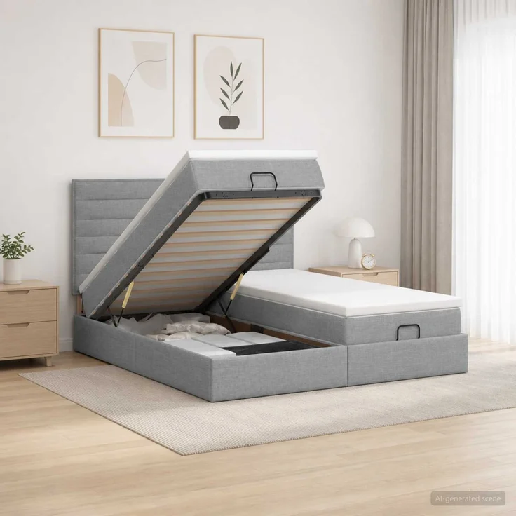 vidaXL Ottoman-Bett mit Matratze und LED Hellgrau 180 x 200 cm Stoff 3458416 – Bild 4