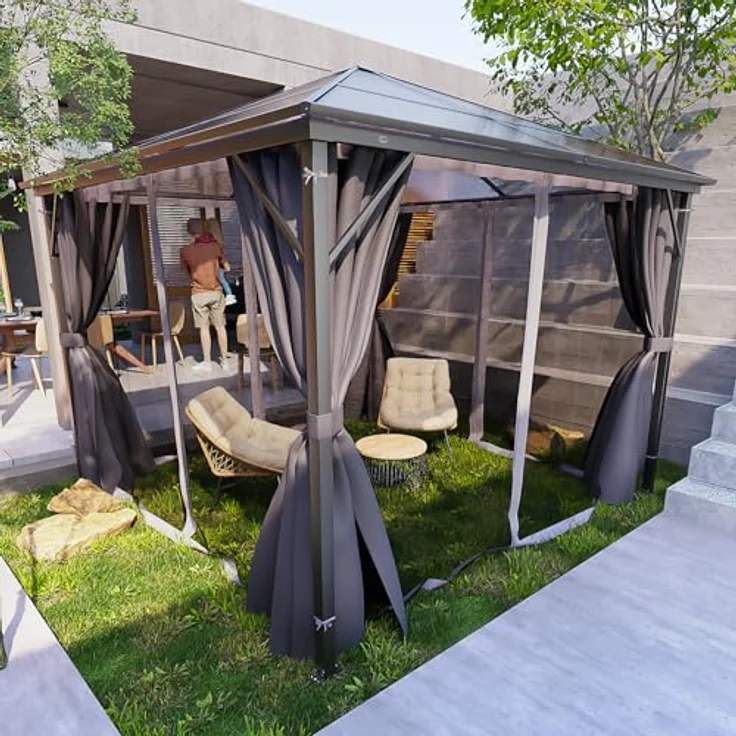 GARMIO Pavillon Rom, 3x3m, schwarze Überdachung mit Vorhang und Mückennetz, Metallgestell, wasserdicht, UV-Schutz, 2,7m Höhe, Polycarbonat Platten – Bild 3