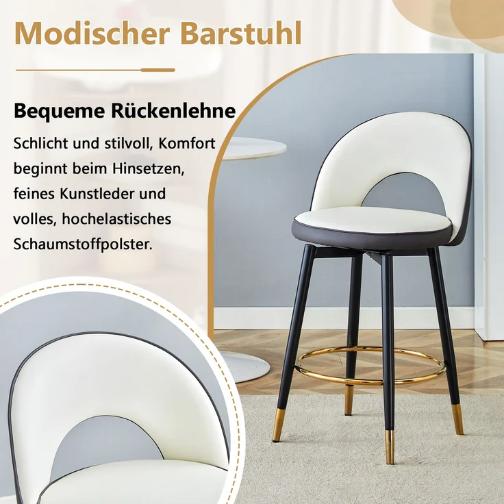 360° drehbarer Barhocker, Dunkelgraue und weiße Sitzkissen-Kombination, PU-Material, komfortabler gepolsterter Barhocker, geeignet für Bars, Esszimmer, Küchen, Terrassen usw, Eine Box mit 2 Stück.--Dunkelgrau, Weiß--44x44x91.5cm--YOUDENOVA – Bild 8