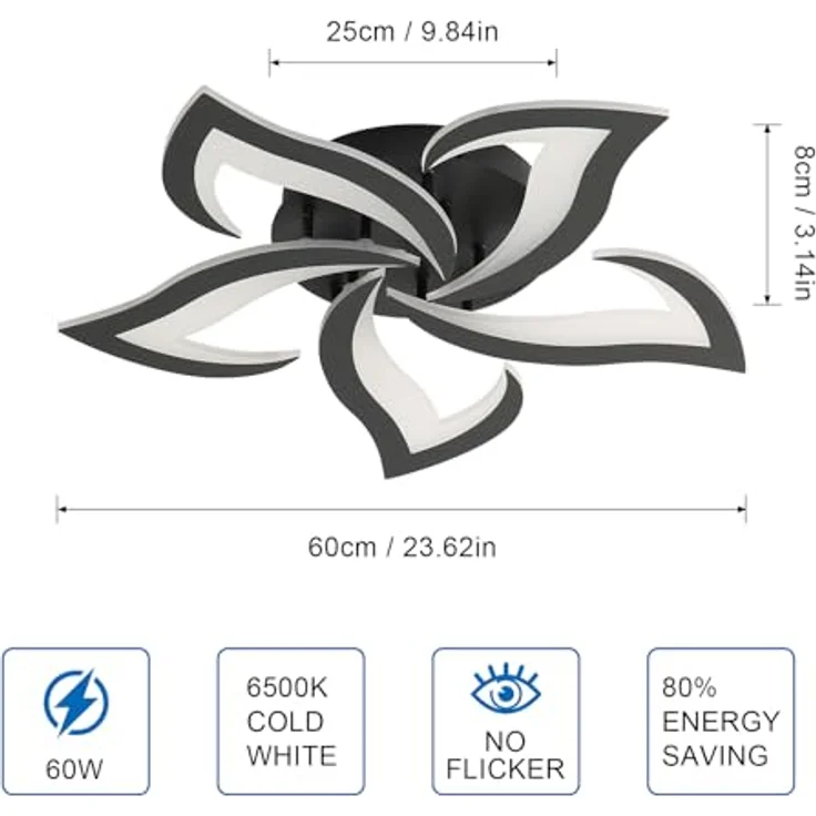 Comely Deckenlampe, LED Deckenleuchte 60W 6750lm, Kaltes Weiß 6500K Moderne Blütenblatt Design Deckenlampe für Wohnzimmer Küche Schlafzimmer Esszimmer, Dia 60cm,Schwarz – Bild 4