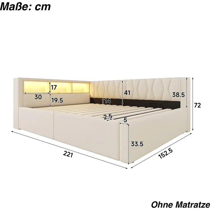 Schlafsofa mit LED-Streifen, Lattenrost, Regal, Rückenlehne, Aufbewahrung, Type-C und USB, 140x200 cm, Polsterbett, Stauraumbett, Tagesbett, Leinen – Bild 6