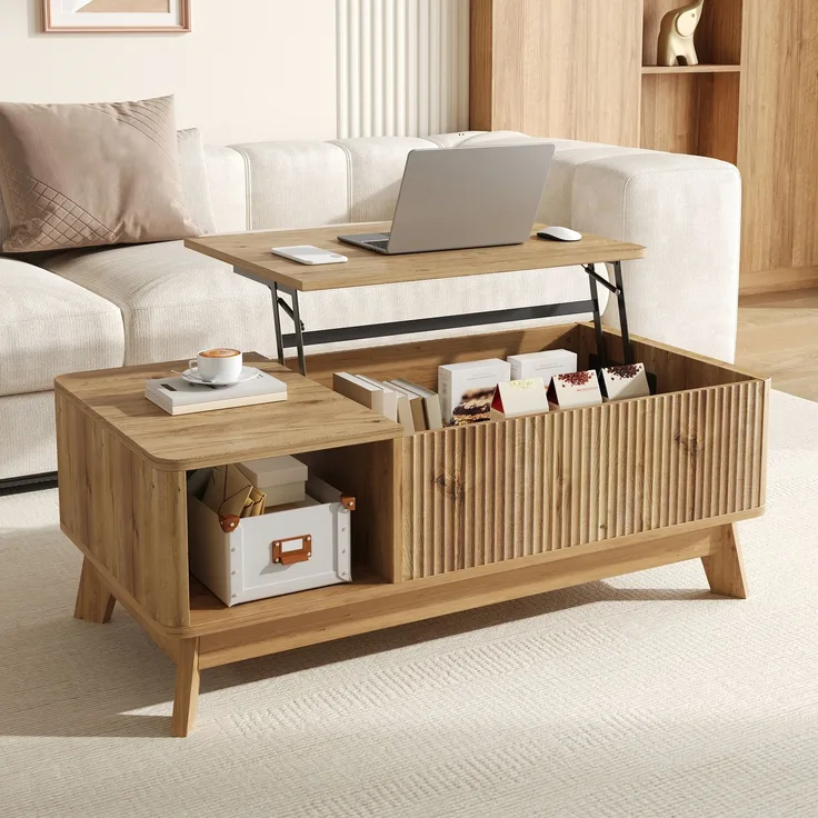 Merax Couchtisch mit Hubfunktion, Wellenoptik, offenes Seitenfach, MDF-Material, Moderner Stil, Natur