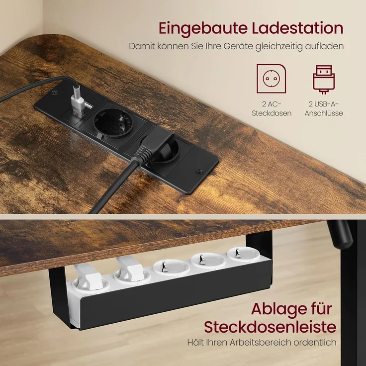 VASAGLE Höhenverstellbarer Schreibtisch, 190 x 155 cm, L-förmiger Eckschreibtisch, Stehtisch, 2 AC-Steckdosen, 2 USB-A-Anschlüsse, Ablage für Steckdosenleiste, für Büro, vintagebraun LSD295KD01 – Bild 6