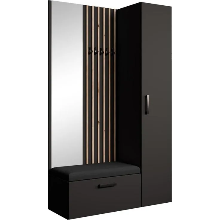 Beautysofa Garderobe, Schwarz und Eiche Artisan, mit Schuhschrank und gepolstertem Sitzkissen, 121x203x43 cm