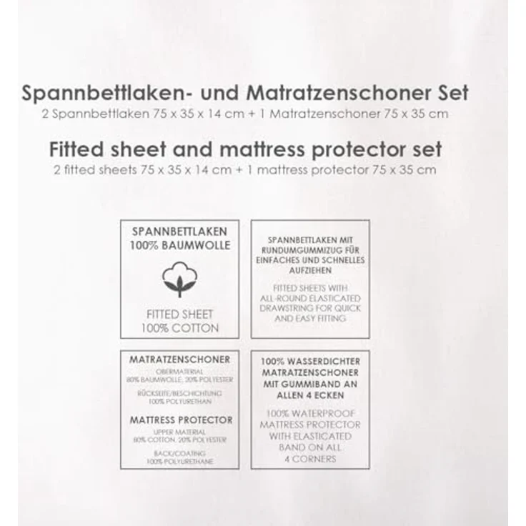 Herding babybest Spannbettlaken-Set, Little Friends, 3-teilig, 2X Spannbettlaken, 1x Matratzenschoner (100% wasserdicht), Für Kinderwagen und Wiege, ca. 35x75 cm – Bild 2
