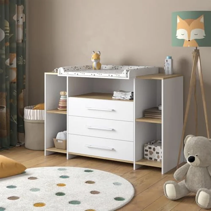 Vichy Wickelkommode Oskar, Weiss/Goldkraft Eiche, mit Wickelaufsatz und 3 Schubladen, 143.2 x 93 cm – Bild 1