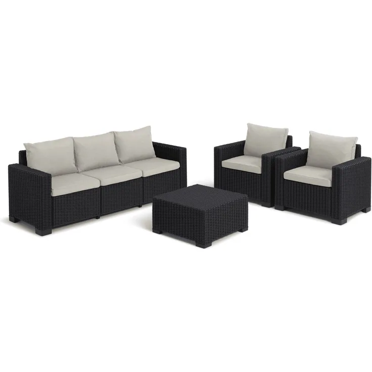 Allibert California 4-teilig Loungeset – Anthrazit mit 3-Sitzer, 2 Sesseln, Tisch und Kissen in Sand | Wetterfest, Rattanoptik