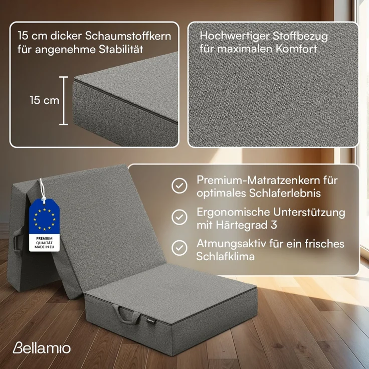 Bellamio 'Lomme' Klappmatratze 90x200 cm, 3-fach faltbar, Höhe 15 cm, Härtegrad H3, Gästematratze mit Tragegriffen, dunkelgrau, abnehmbarer Bezug – Bild 2