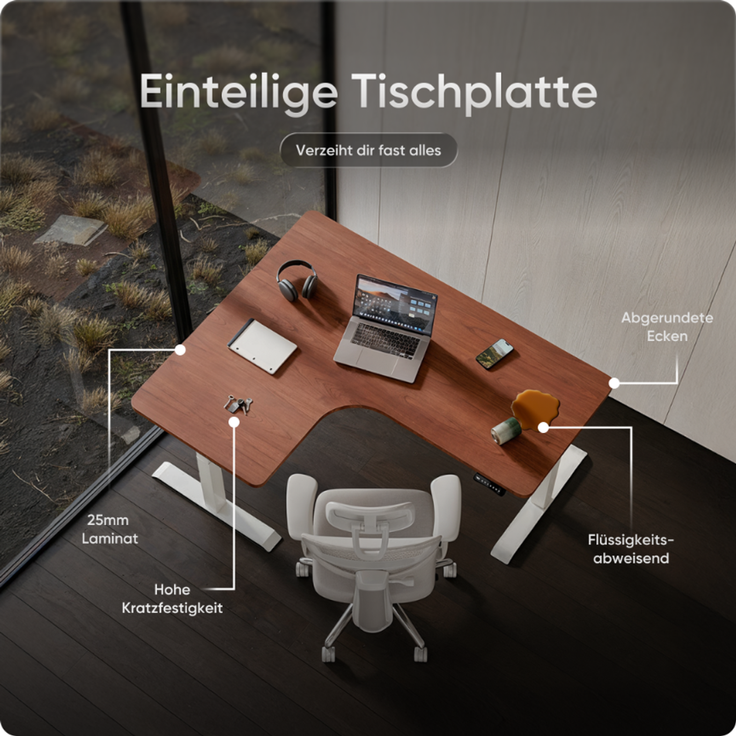 DESKSPACE CORNER Schreibtisch, Elektrisch höhenverstellbar, 160 x 130 x 70 cm, Mahagoni Tischplatte, Weißes Gestell – Bild 8