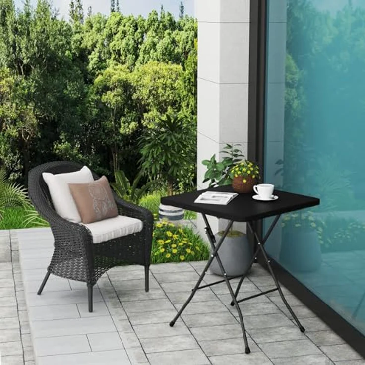 eSituro Klapptisch Gartentisch, Beistelltisch Outdoor, klappbarer Balkontisch Campingtisch Bistrotisch, quadratische Tischplatte in Rattanoptik, Schwarz, 61 x 73 x 61 cm SCPT0039 – Bild 3
