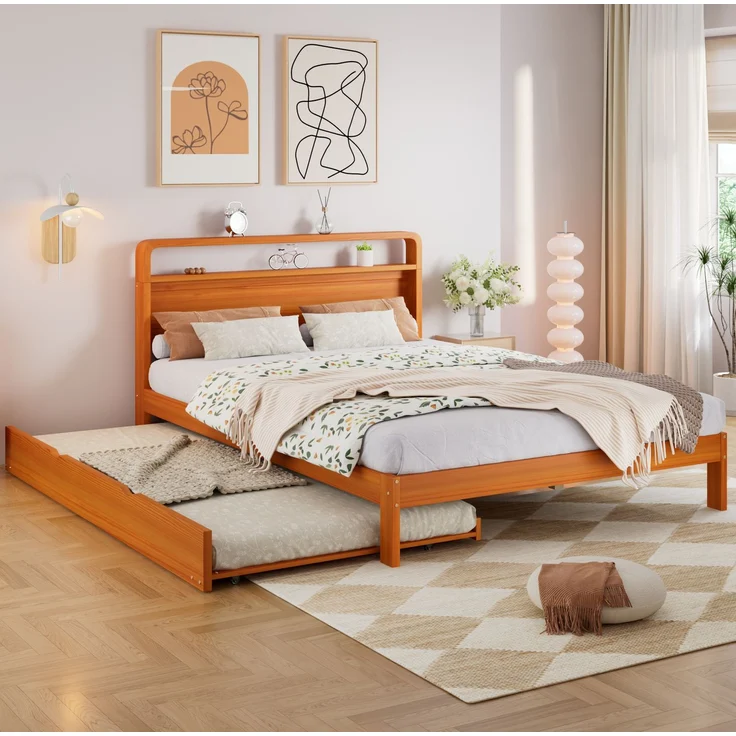 CHICFURN Ausziehbett aus Holz Natur 140x200 cm mit Gästebett 90x190 cm – Bild 3