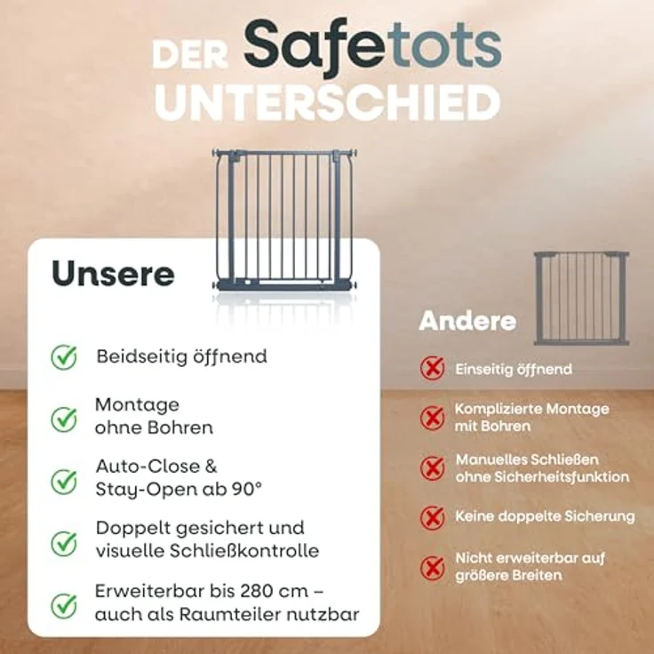 Safetots Elite Sicherheitsschutzgitter, 80cm - 89cm, Mattgrau, Treppenschutzgitter mit Druckmontage, Sicherheitsbarriere, Einfache Installation – Bild 7