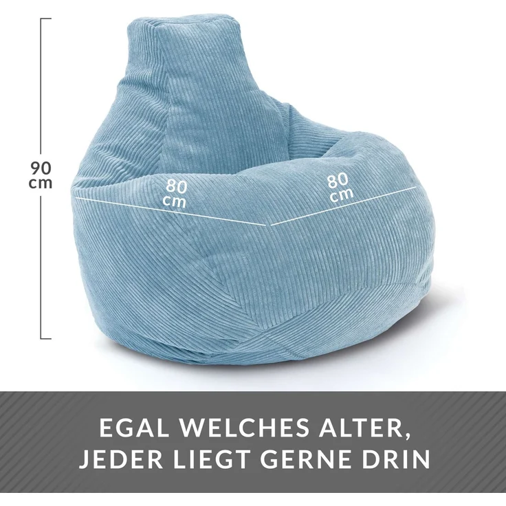 Green Bean® Sitzsack mit Rückenlehne 80x80x90cm - Gaming Chair mit 230L Füllung Cordstoff - Bean Bag Bodenkissen Lounge Sitzhocker Relax-Sessel Gamer Gamingstuhl Hellblau – Bild 4