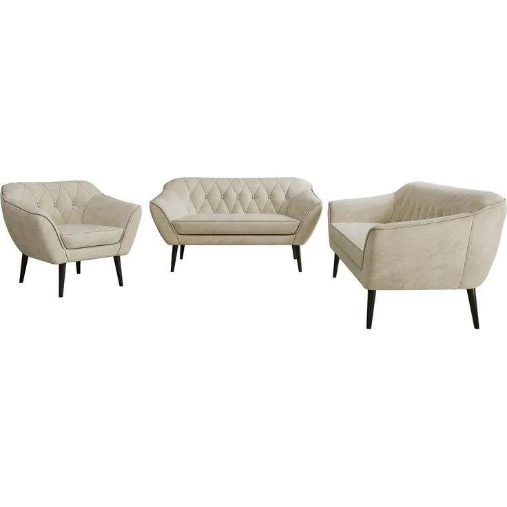 Wohnzimmerset PIRS 1-2-3, Skandinavisches Komplettset, Wellenfederung, schwarze Füße, Sitzgruppe, Möbelset - Beige Velvet – Bild 7