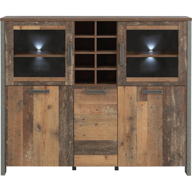 Highboard Vitrine CLIF 5-trg. Optik: Old Wood Vintage von Forte