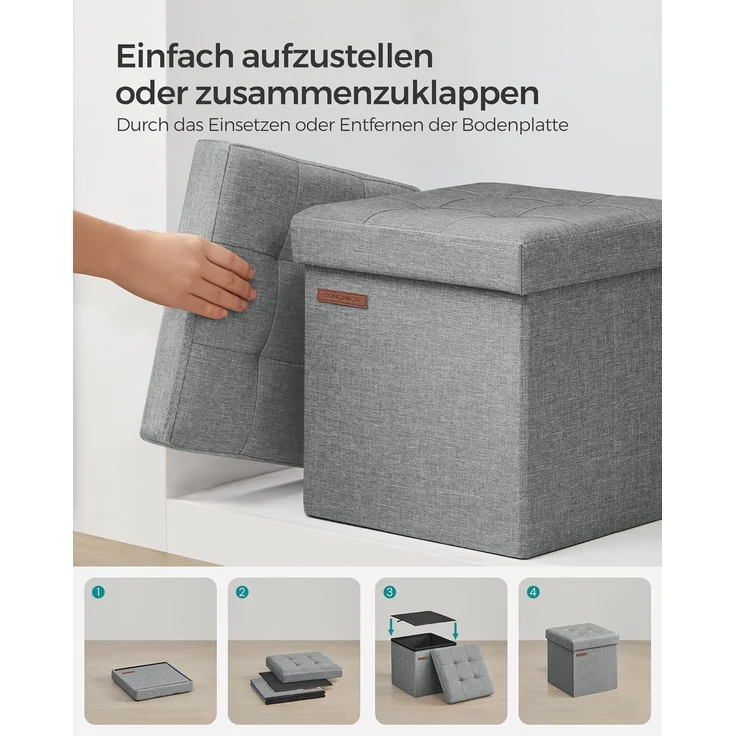Songmics 30 cm Sitzbank mit Stauraum, klappbare Sitztruhe, Aufbewahrungsbox, Fußbank, hellgrau LSF028G02 – Bild 7