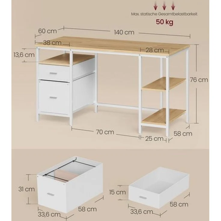 VASAGLE Computertisch, Bürotisch, Schreibtisch, mit 3 Ablagen, 2 Schubladen, 60 x 140 x 76 cm, fürs Büro, Wohnzimmer, moderner Stil, natureichenfarben-perlweiß – Bild 5