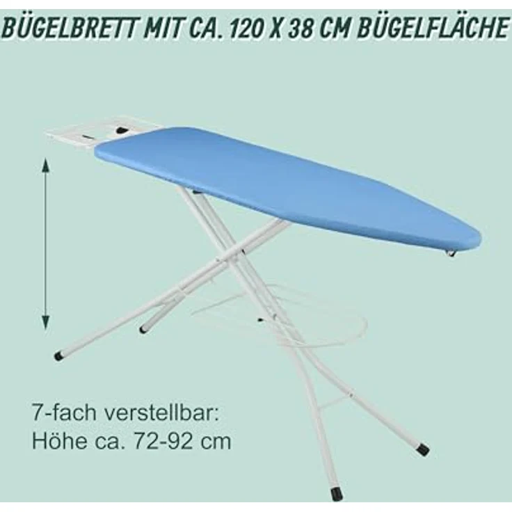 Relaxdays Bügelbrett für Dampfbügeleisen, höhenverstellbar und klappbar, 120 x 38 cm, Kleiderablage, blau – Bild 6