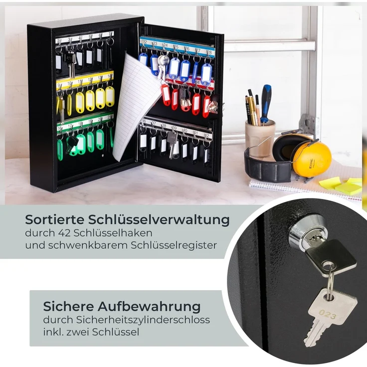 HMF Schlüsselkasten Abschließbarer Schlüsselschrank mit 42 Haken (Inkl. Schlüsselanhänger), verstellbare Hakenleisten, 35 x 27 x 8 cm, schwarz – Bild 4