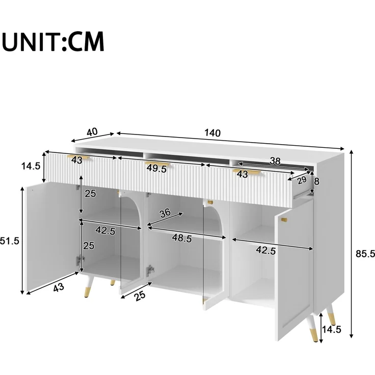 DESVIAE Sideboard Weiß aus MDF/Spanplatte – 140x85,5x40 cm – 4 Türen, 3 Schubladen – Bild 10
