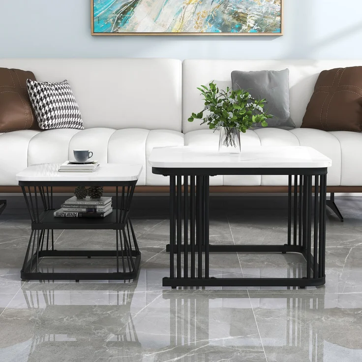 2er-Set Beistelltische, Marmoroptik weiß/schwarz, 65x65x45 & 45x45x39,5 cm – Bild 1