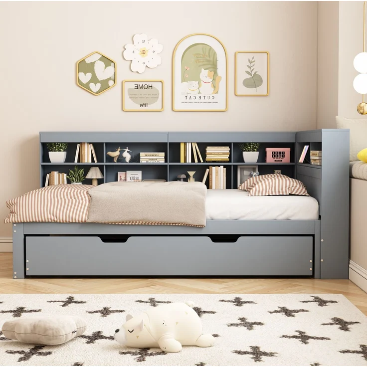 CHICFURN Ausziehbett aus Holz Grau 90x200 cm mit Auszug 90x190 cm, USB-Anschluss und Stauraum – Bild 2