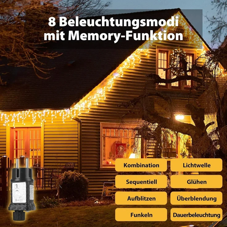 SALCAR LED Eisregen Lichterkette Außen, 200er Lichtervorhang Fenster 8m Weihnachten Beleuchtung (5m Lichterkette + 3m Stromkabel) – Bild 2