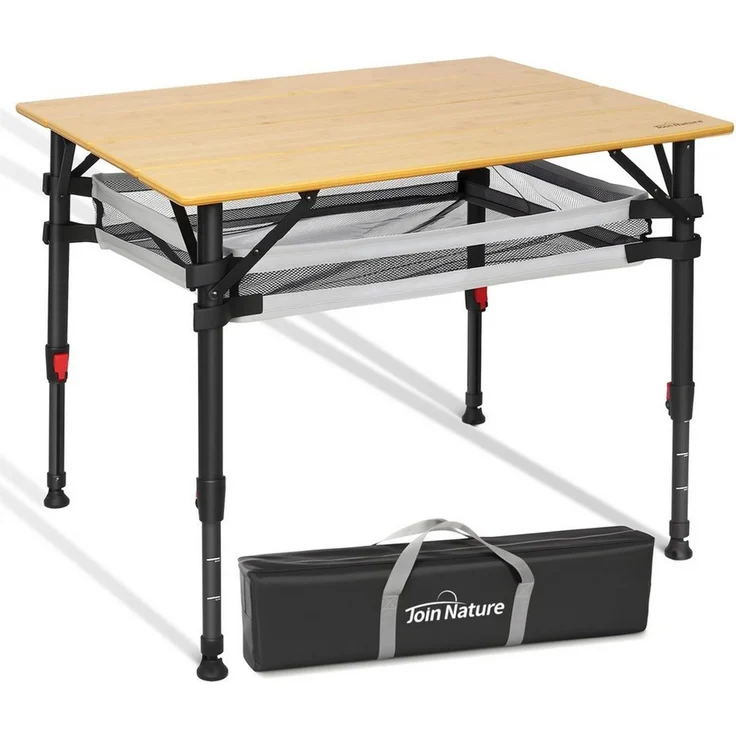 HOMECALL Klapptisch Bambus Camping-Klapptisch höhenverstellbar 47–65 cm (natürliche Bambus-Tischplatte, Aluminiumrahmen, abnehmbares Netzfach, tragbarer Outdoor-Picknicktisch) – Bild 1