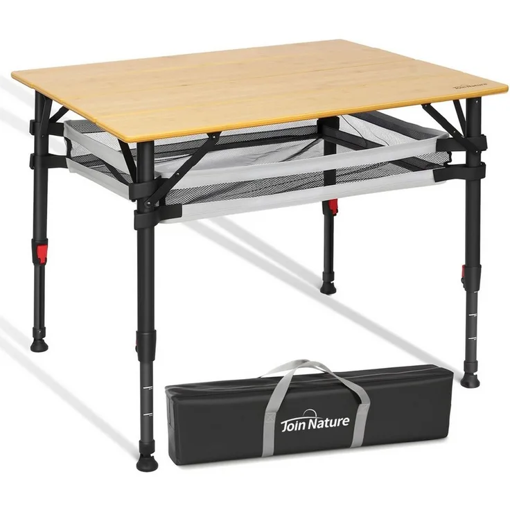 HOMECALL Klapptisch Bambus Camping-Klapptisch höhenverstellbar 47–65 cm (natürliche Bambus-Tischplatte, Aluminiumrahmen, abnehmbares Netzfach, tragbarer Outdoor-Picknicktisch)