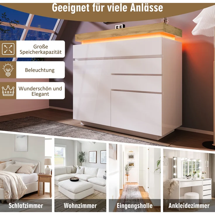 Sideboard Hochglanz mit LED (App/Touch), 2 Türen & 3 Schubladen, 110x39x115 cm, Weiß – Bild 7