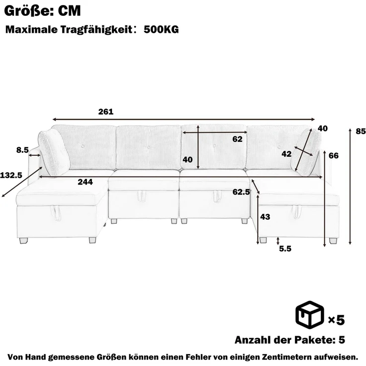 Modulares U-Sofa, Samt & Cord mit Stauraum, 261x132,5x85 cm, Antikgrau – Bild 6
