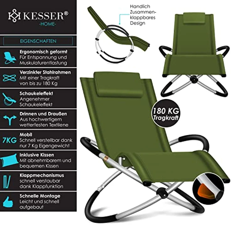 KESSER® Relaxliege Liegestuhl | Gartenliege Sonnenliege | Gartenstuhl | Klappstuhl faltbar | Schwungliege | Schaukelsessel | ergonomische Relaxsessel | wetterfest | 180 kg Belastung, Khaki – Bild 3