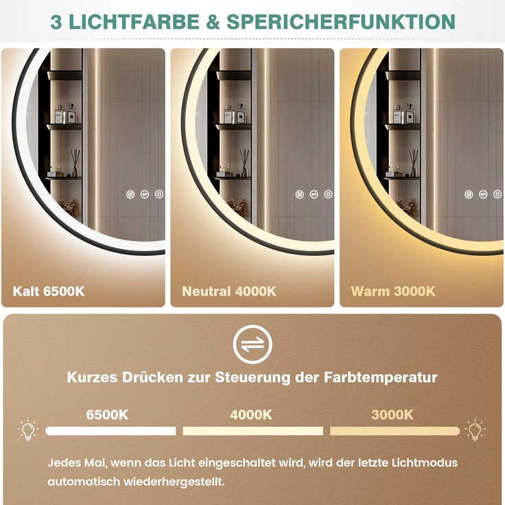 PESENXAN LED Badezimmerspiegel 70 cm, runder Wandspiegel mit Beleuchtung, 3 Lichtfarben, dimmbar, Anti-Beschlag, Touch-Schalter, Memory-Funktion, energiesparend, schwarzer Rahmen – Bild 2