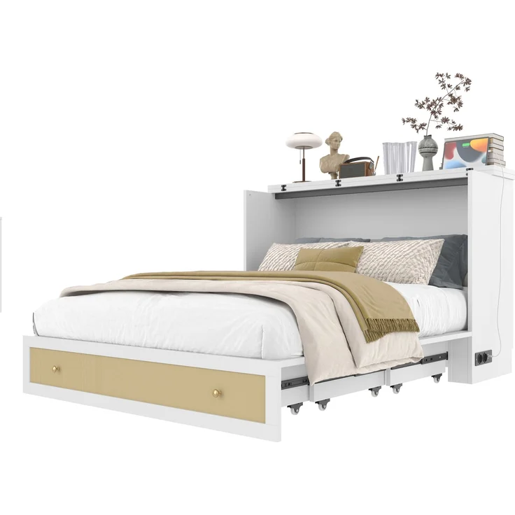 Schrankbett 140x200 cm mit USB-Anschluss und Steckdose,Weiß, MDF, umbaubares Plattformbett mit großem Stauraum, Klappbett – Bild 8