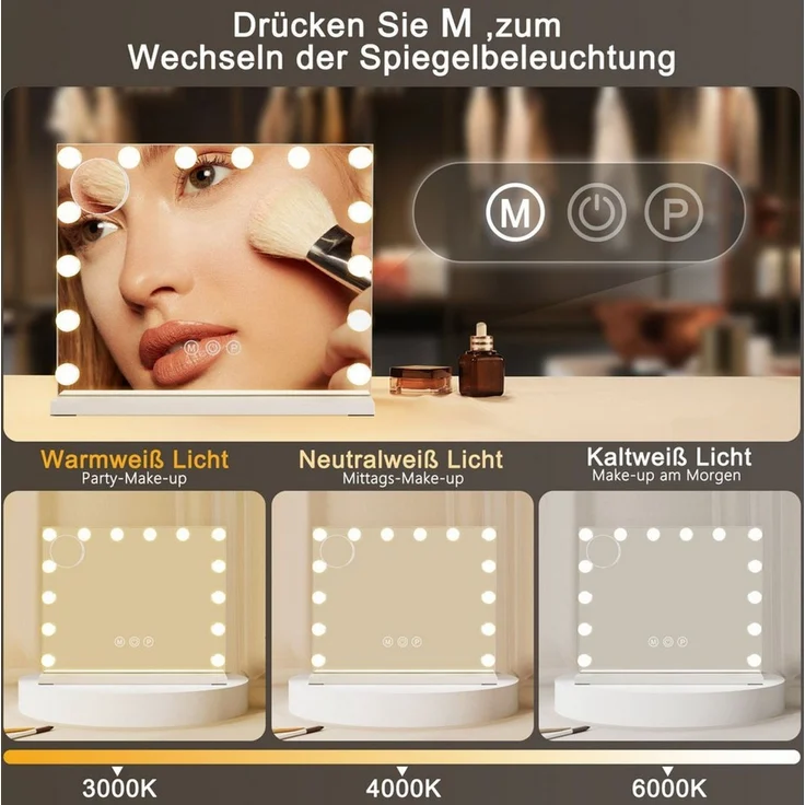 Nettlife Schminkspiegel Licht 50x40cm 3 Farben USB Touch-Steuerung Hollywood Spiegel (3-farbig einstellbares Licht mit Memory-Funktion, 1-St, Touchscreen), 5 Facher Vergrößerung Spiegel USB Anschluss für Ankleidezimmer – Bild 2