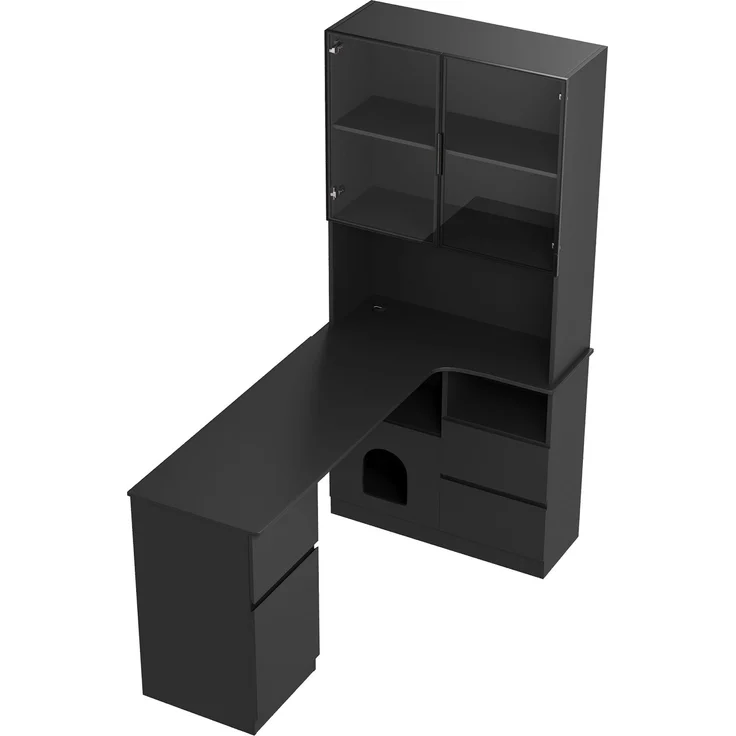 Flieks Eckschreibtisch mit LED-Vitrine & Regal 120×80×180 cm, Computertisch mit 3 Schubladen, 2 Türen, Haustierfach, Rechte Ecke, Schwarz – Bild 8