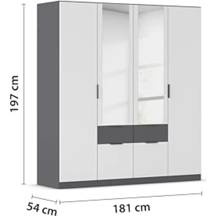 Rauch Möbel Glasgow, Kleiderschrank, Farbe Weiß/Grau metallic, Breite 181cm | Schrank, 4-türig, Spiegel, 4 Schubladen, für Schlafzimmer, Kinderzimmer, Babyzimmer, Garderobe, Flur – Bild 3